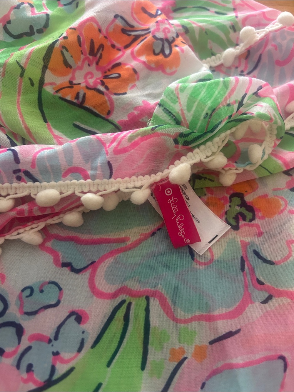 Lilly Pulitzer Multicolor Floral Scarf/Sarong with White Pom Trim Nosey Posey